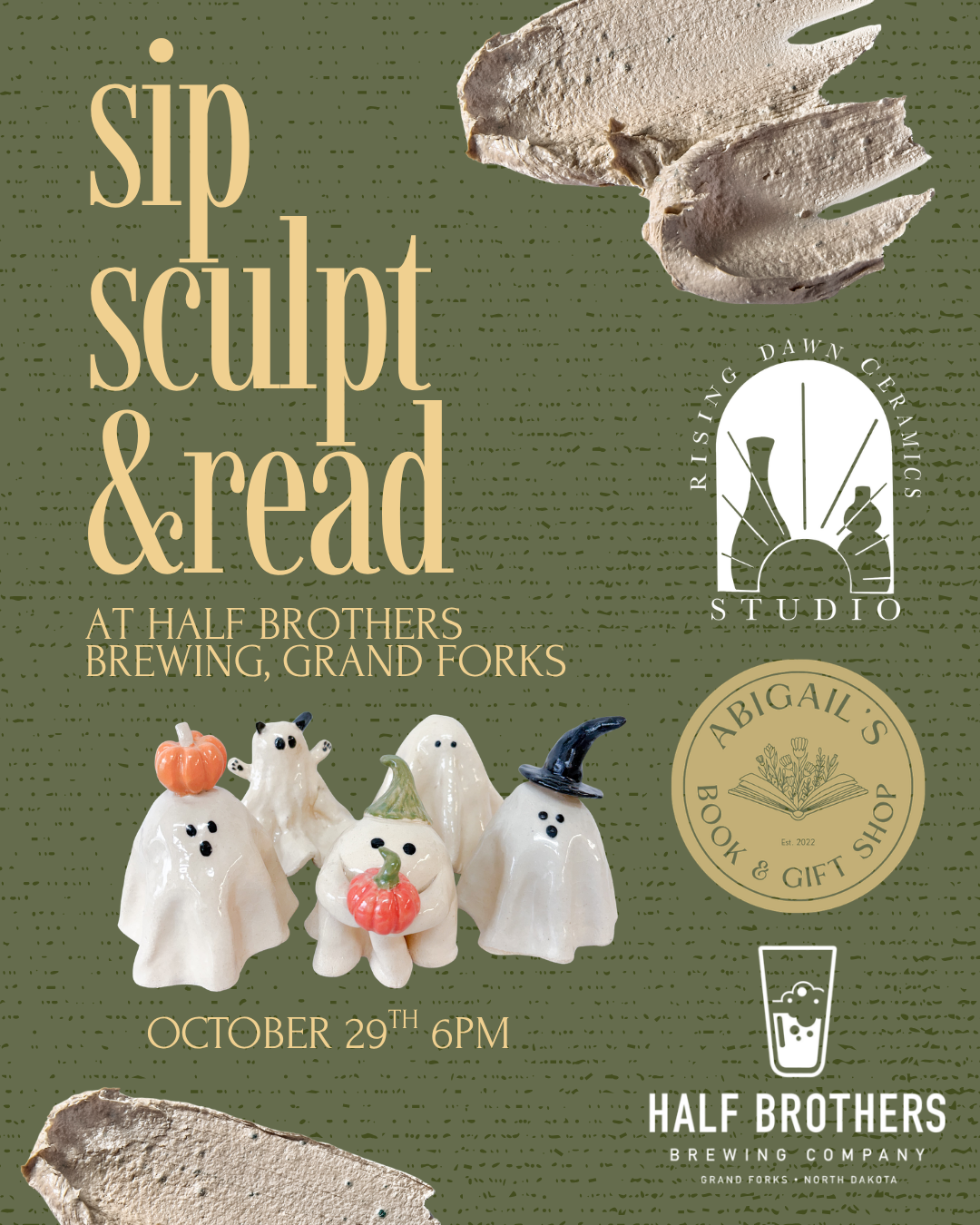 Sip, Sculpt, and Read at Half Brothers Brewing, Grand Forks October 29th 6-730pm